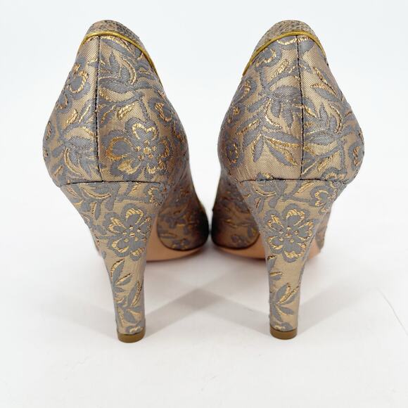 Prada Vintage Gold Floral Brocade Snakeskin Trim Bow Square Toe Heel IT 36.5 - Picture 9 of 11